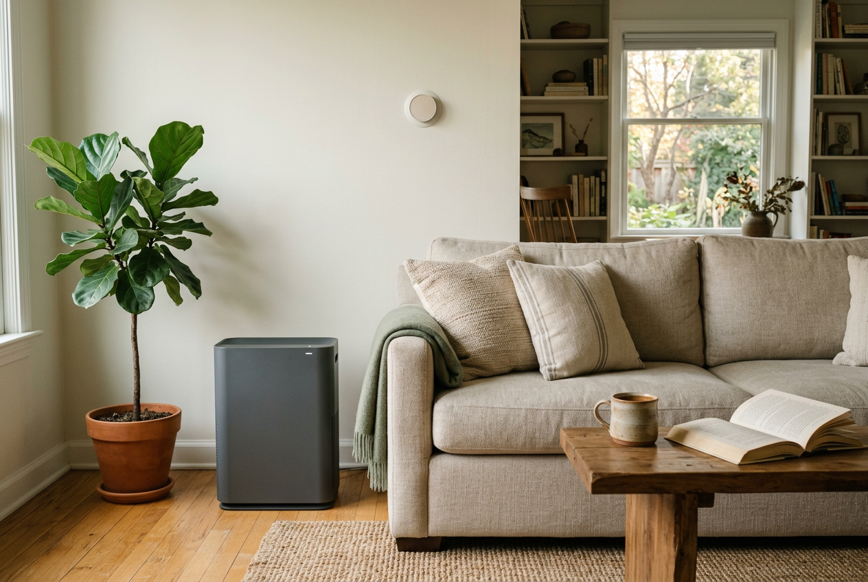 A living room in afternoon light with a round thermostat on the wall and an air purifier beside a linen sofa