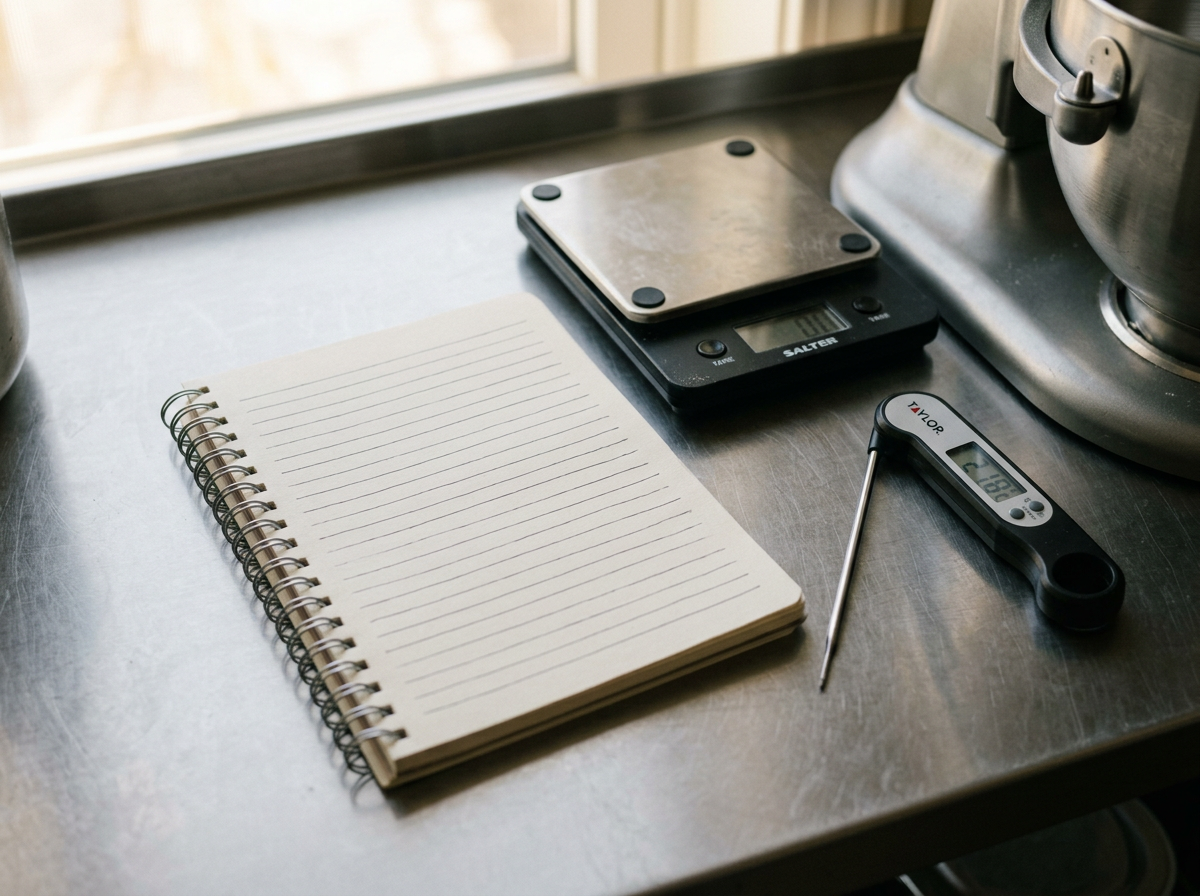 A digital kitchen scale, a probe thermometer and an open notebook on a countertop in window light