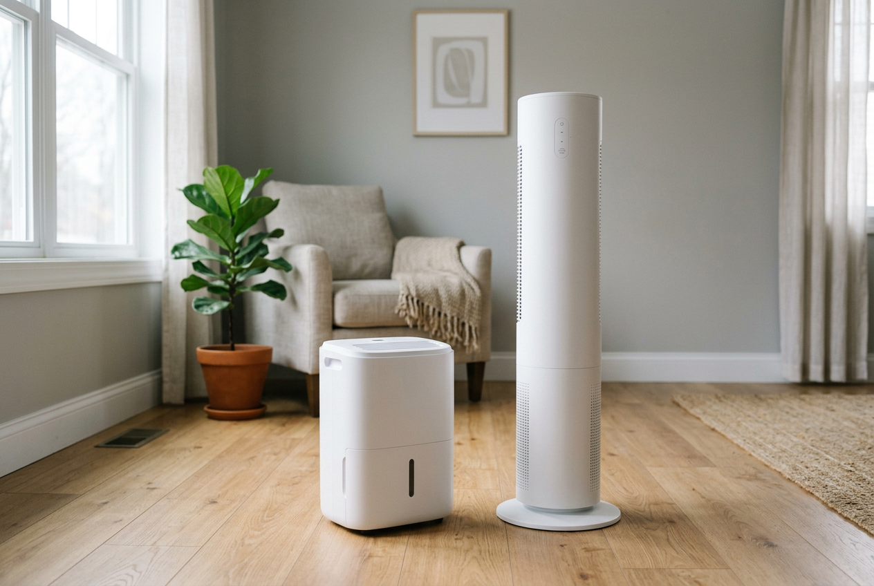 A tower air purifier and a compact dehumidifier in a bright room