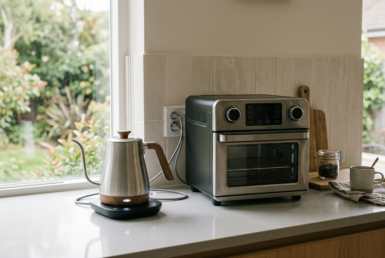 An electric kettle and a countertop air fryer oven on a kitchen counter