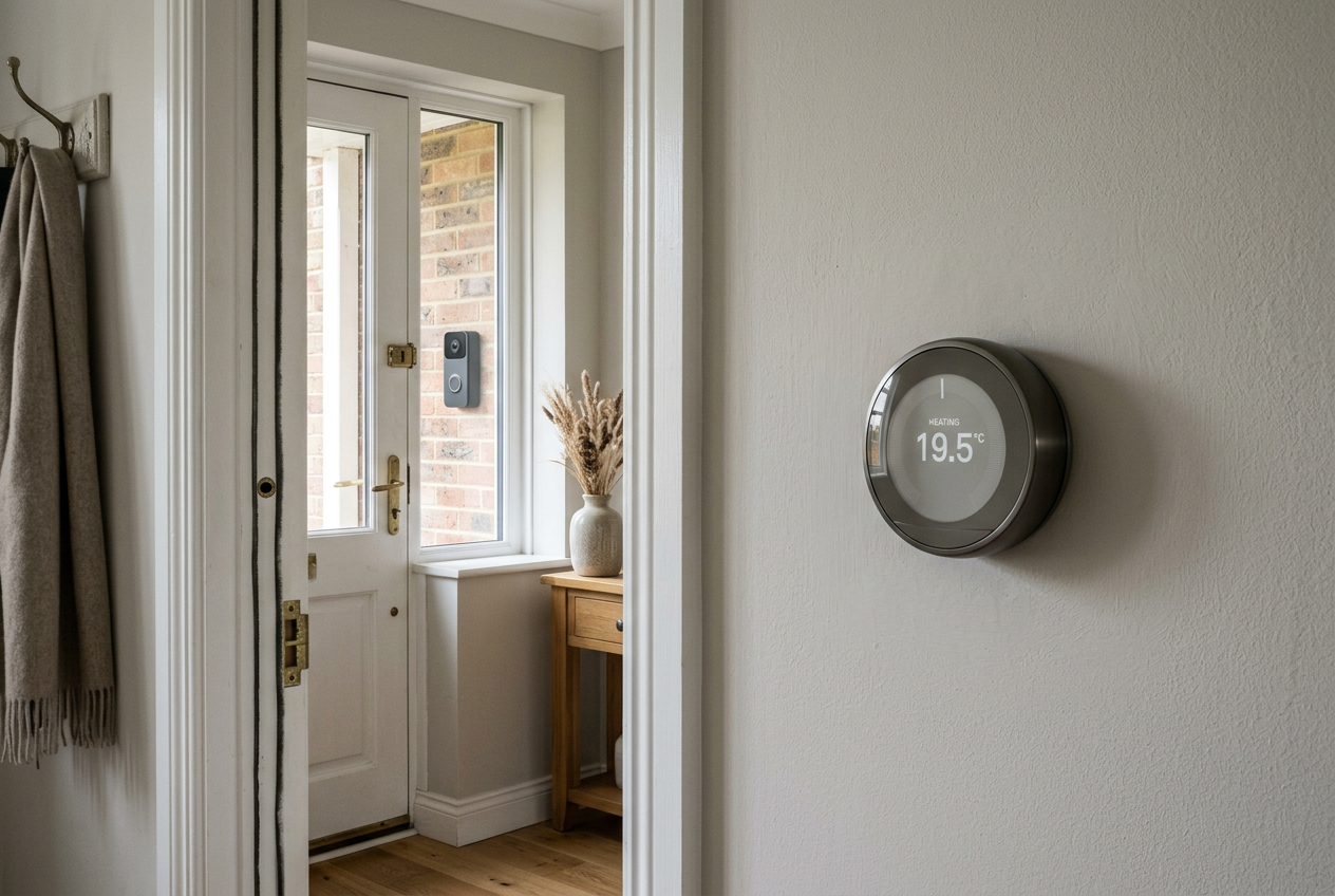 A round smart thermostat on a hallway wall near the front door