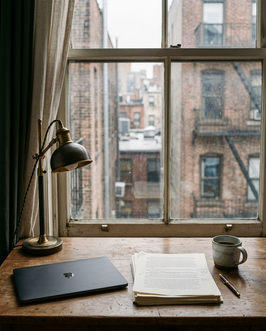 A writer’s desk by a window with a closed laptop, printed papers, a coffee cup and a desk lamp